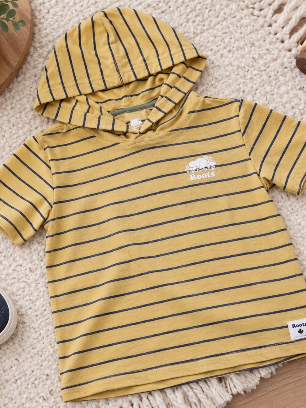 Kids Roots Mustard Yellow & Navy Striped Hooded Tee